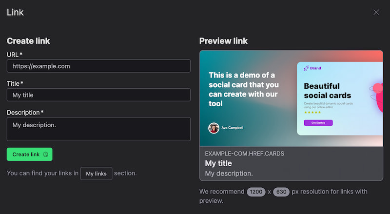 Screenshot of the SocialCards form to create links with preview